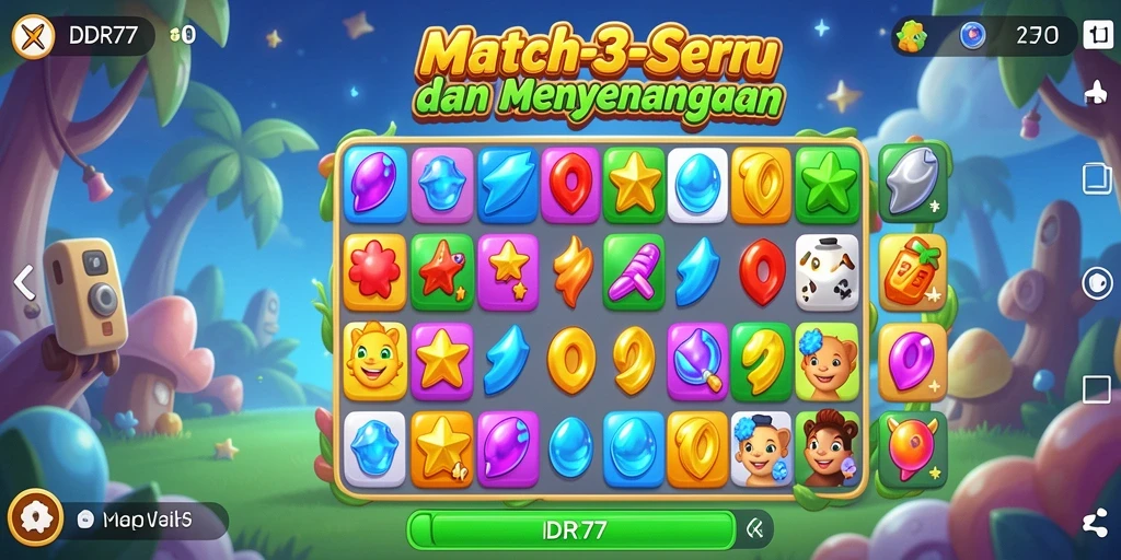 Tampilan screenshot IDR77 menampilkan gameplay Match-3 yang mengasyikkan.