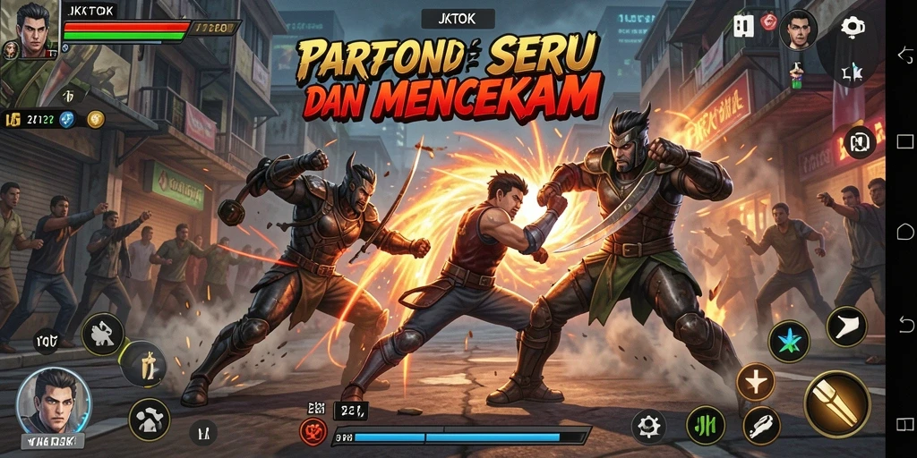 Screenshot gameplay JKTOK menampilkan pertarungan mendebarkan antara dua karakter.