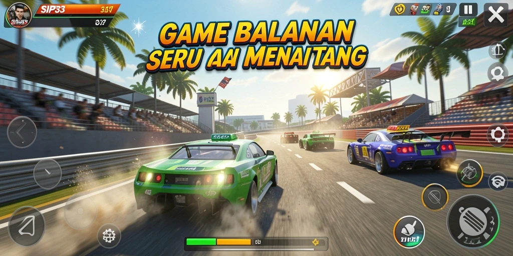 Tampilan gameplay SIP33 yang menegangkan dengan mobil balap berkecepatan tinggi.